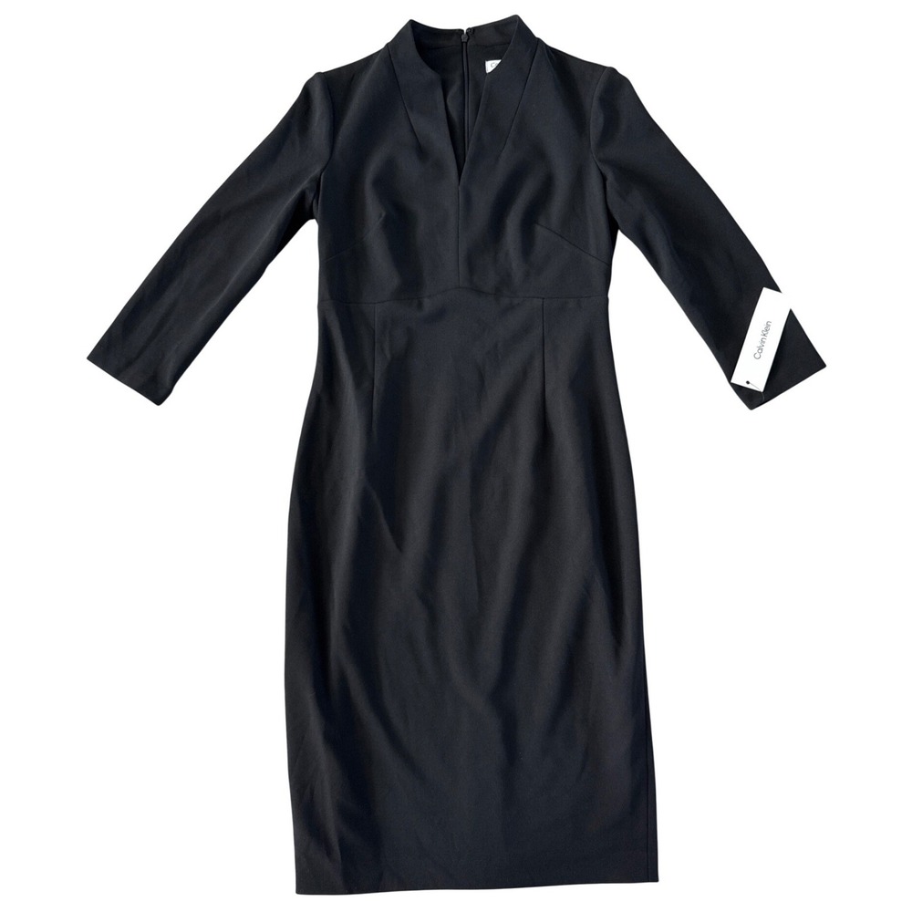 Calvin Klein Scuba Crepe 3/4 Sleeve V-Neck Dress Black Sz 4 Office LBD NWT